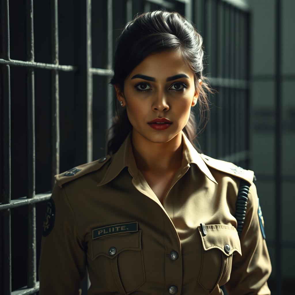 A scene showcasing a female police officer with distinct features reminiscent of Kangana Ranaut, dressed in a sharp police uniform