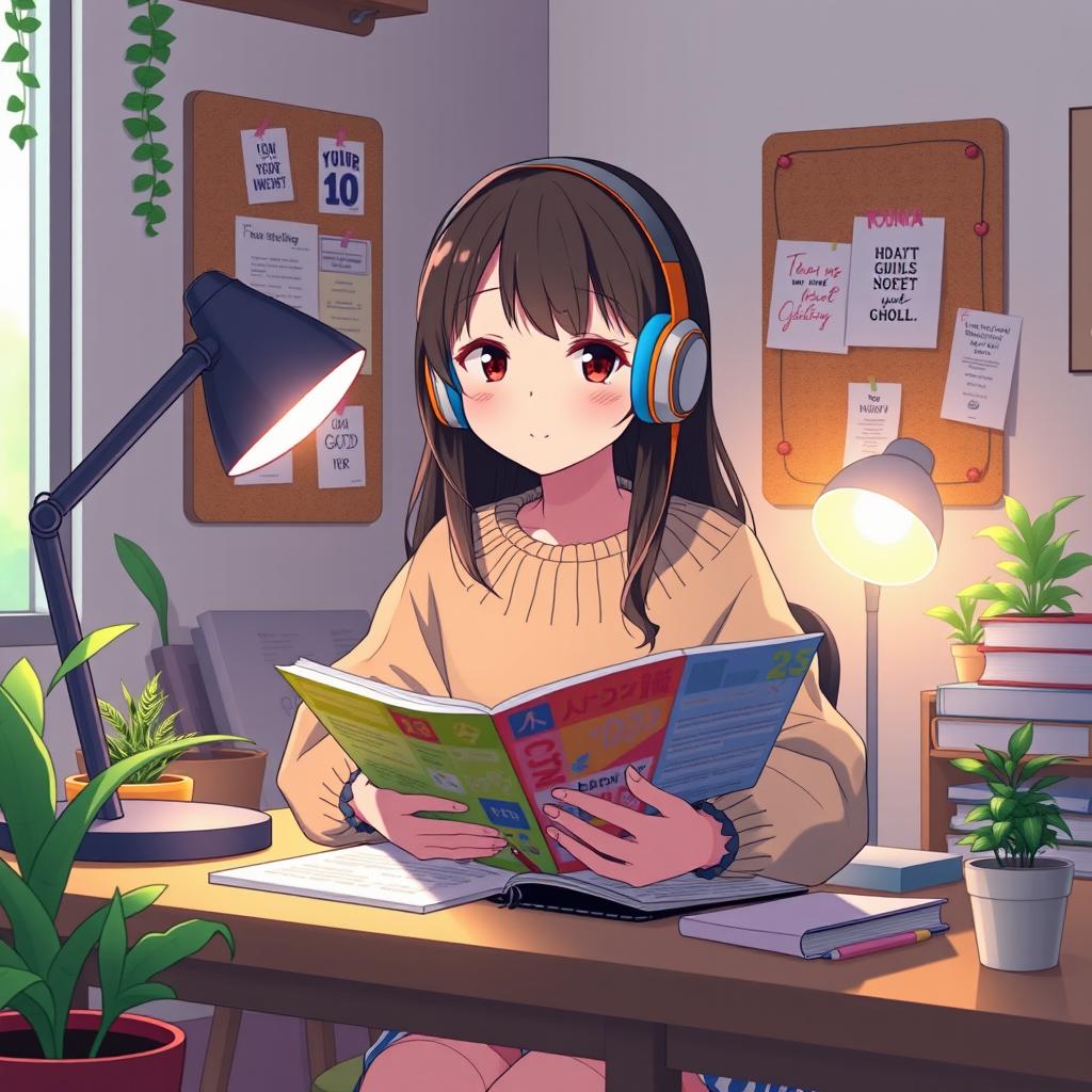 A Japanese anime-style short video depicting a high school girl sitting at a desk in her cozy, neatly organized room