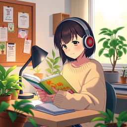 A Japanese anime-style short video depicting a high school girl sitting at a desk in her cozy, neatly organized room