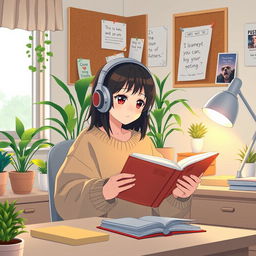 A Japanese anime-style short video depicting a high school girl sitting at a desk in her cozy, neatly organized room