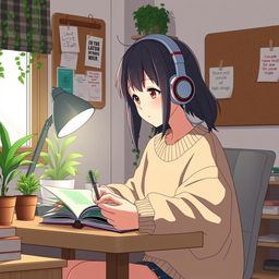 A Japanese anime-style short video depicting a high school girl sitting at a desk in her cozy, neatly organized room