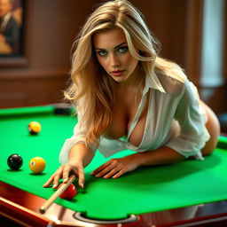 A sexy blonde woman, with flowing golden locks and striking features, wearing a white transparent shirt that partially reveals her form, sensually bends over a pool table