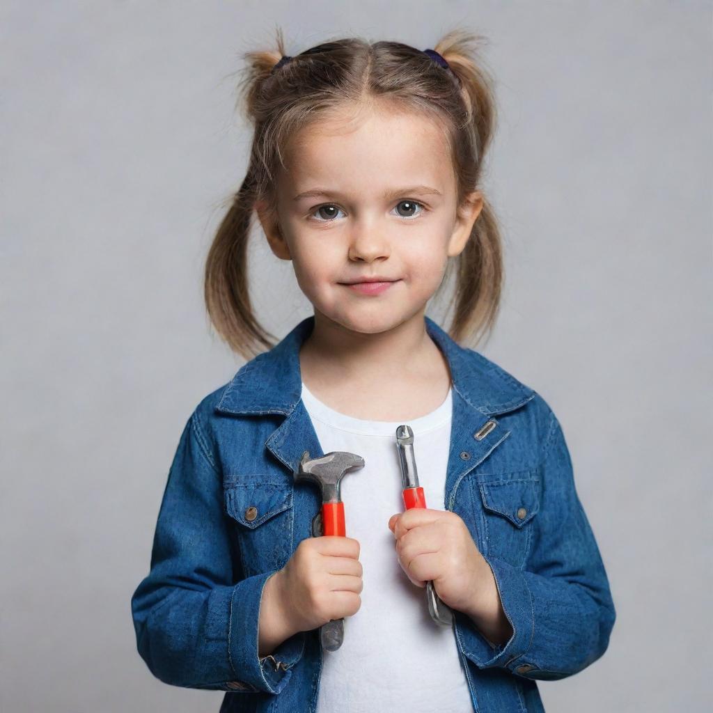 A cute little girl wearing modern clothes, confidently holding two wrenches in her hands