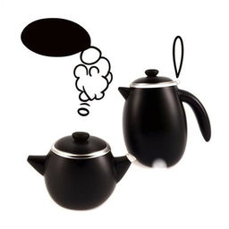 In the style of a Disney animation, depict a talking pot with a speech bubble, humorously declaring 'you're black' to a shiny black kettle.