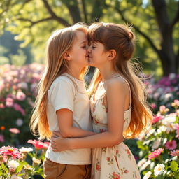 A girl kissing a boy gently on the lips, both with happy expressions