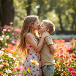 A girl kissing a boy gently on the lips, both with happy expressions