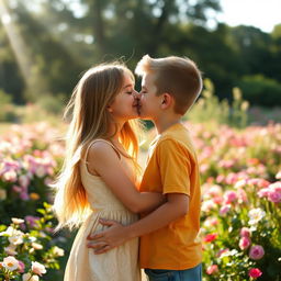 A girl kissing a boy gently on the lips, both with happy expressions