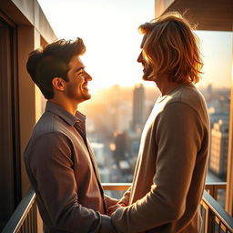 An intimate and romantic scene featuring two young adult men in a loving embrace