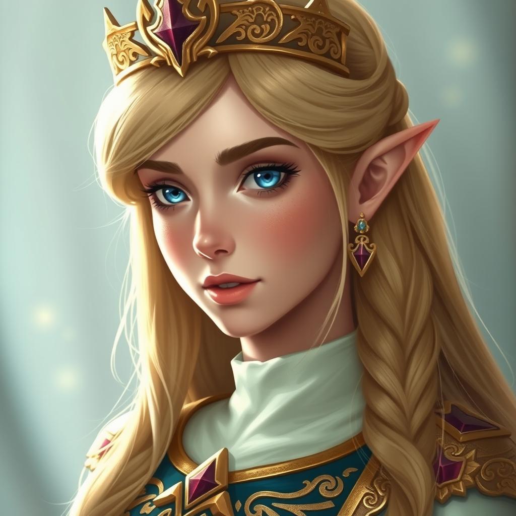 A portrait of Princess Zelda, featuring her iconic regal attire with intricate golden embroidery and royal tiara