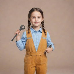 A cute little girl wearing modern clothes, confidently holding two wrenches in her hands