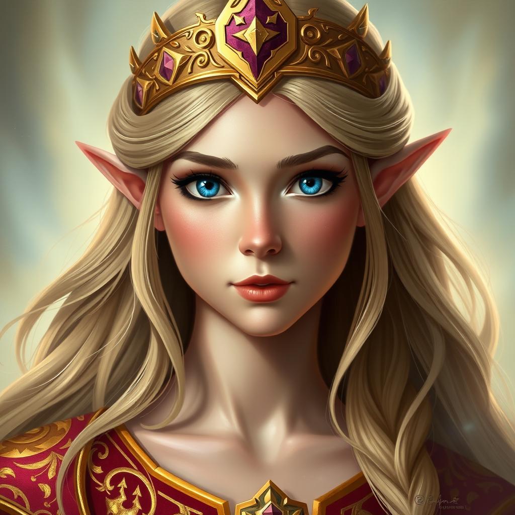 A portrait of Princess Zelda, featuring her iconic regal attire with intricate golden embroidery and royal tiara