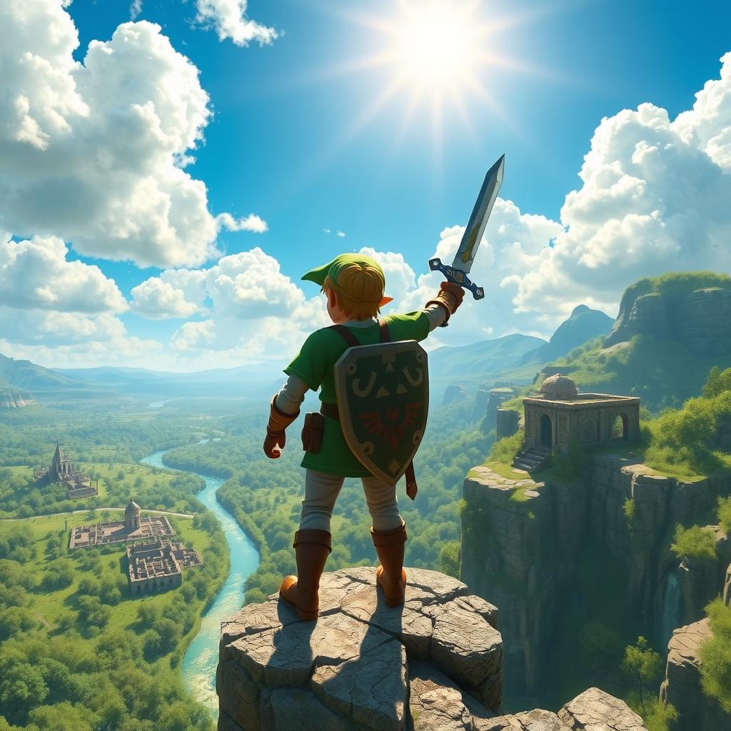 A captivating scene from The Legend of Zelda, featuring Link, the courageous hero, standing triumphantly on a cliff overlooking a vast, lush landscape filled with ancient ruins and a shimmering river