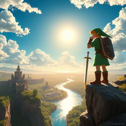 A captivating scene from The Legend of Zelda, featuring Link, the courageous hero, standing triumphantly on a cliff overlooking a vast, lush landscape filled with ancient ruins and a shimmering river