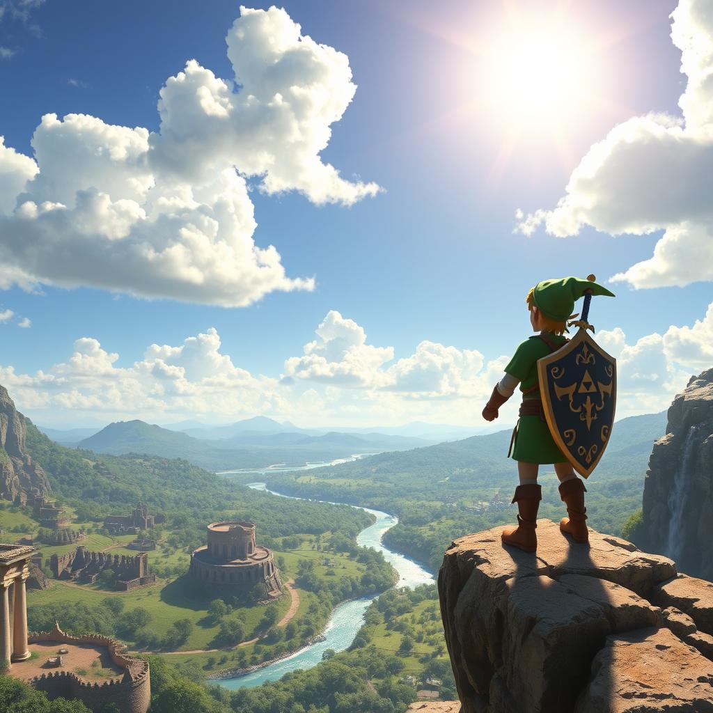 A captivating scene from The Legend of Zelda, featuring Link, the courageous hero, standing triumphantly on a cliff overlooking a vast, lush landscape filled with ancient ruins and a shimmering river