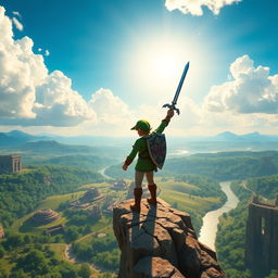 A captivating scene from The Legend of Zelda, featuring Link, the courageous hero, standing triumphantly on a cliff overlooking a vast, lush landscape filled with ancient ruins and a shimmering river