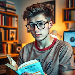 A young, nerdy gay man with stylish glasses, holding a book