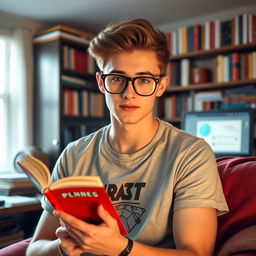 A young, nerdy gay man with stylish glasses, holding a book