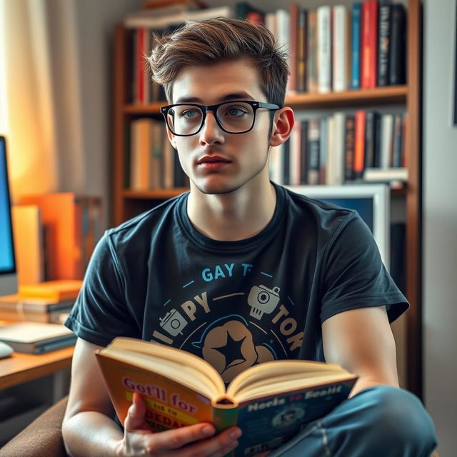 A young, nerdy gay man with stylish glasses, holding a book