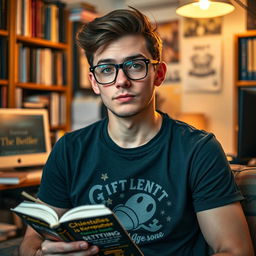 A young, nerdy gay man with stylish glasses, holding a book