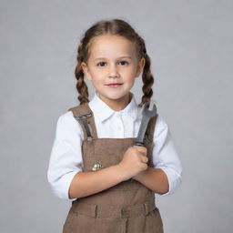 A cute little girl wearing modern clothes, confidently holding two wrenches in her hands