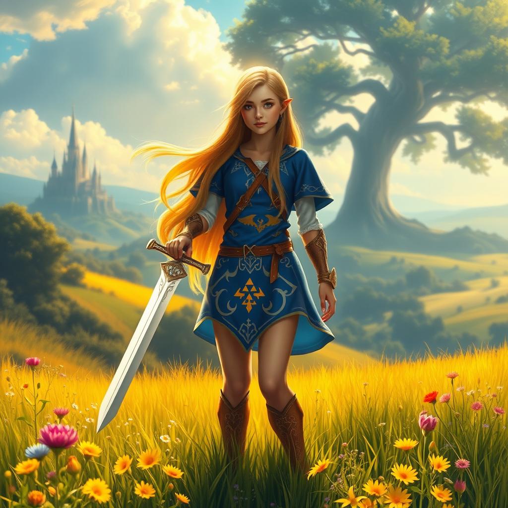 Princess Zelda standing gracefully in the lush Hyrule fields, surrounded by golden sunlight and vibrant wildflowers