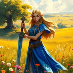 Princess Zelda standing gracefully in the lush Hyrule fields, surrounded by golden sunlight and vibrant wildflowers