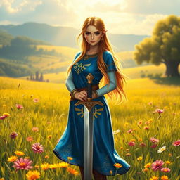 Princess Zelda standing gracefully in the lush Hyrule fields, surrounded by golden sunlight and vibrant wildflowers