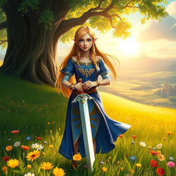 Princess Zelda standing gracefully in the lush Hyrule fields, surrounded by golden sunlight and vibrant wildflowers