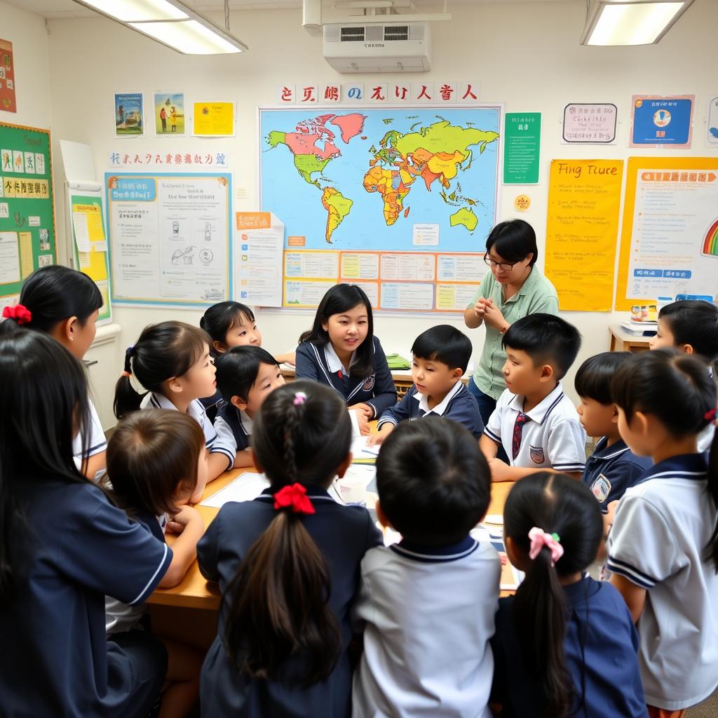 A Tokkatsu activity scene showing diverse elementary school students engaging in a citizenship education class