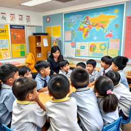 A Tokkatsu activity scene showing diverse elementary school students engaging in a citizenship education class