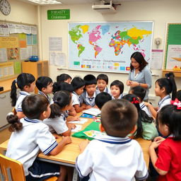 A Tokkatsu activity scene showing diverse elementary school students engaging in a citizenship education class