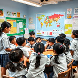 A Tokkatsu activity scene showing diverse elementary school students engaging in a citizenship education class