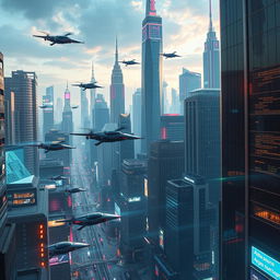 Futuristic cityscape with high skyscrapers, flying cars zipping through the air, and augmented reality elements overlaying the environment