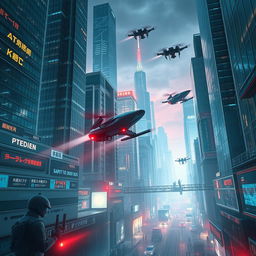 Futuristic cityscape with high skyscrapers, flying cars zipping through the air, and augmented reality elements overlaying the environment