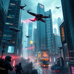 Futuristic cityscape with high skyscrapers, flying cars zipping through the air, and augmented reality elements overlaying the environment