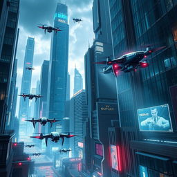 Futuristic cityscape with high skyscrapers, flying cars zipping through the air, and augmented reality elements overlaying the environment