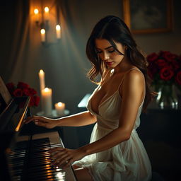 A sensual scene of a sexy woman playing the piano, dressed in a delicate, see-through white dress