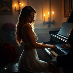 A sensual scene of a sexy woman playing the piano, dressed in a delicate, see-through white dress