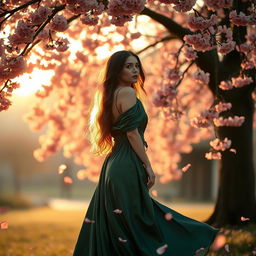 an elegant and mysterious woman standing under a cherry blossom tree, wearing a flowing silk gown