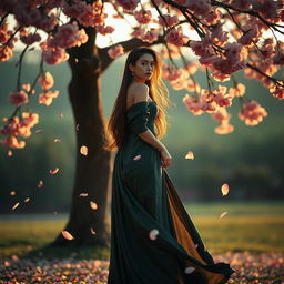 an elegant and mysterious woman standing under a cherry blossom tree, wearing a flowing silk gown