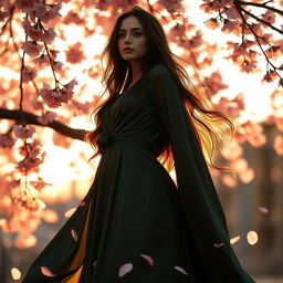 an elegant and mysterious woman standing under a cherry blossom tree, wearing a flowing silk gown