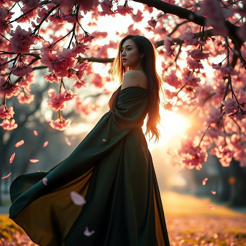 an elegant and mysterious woman standing under a cherry blossom tree, wearing a flowing silk gown