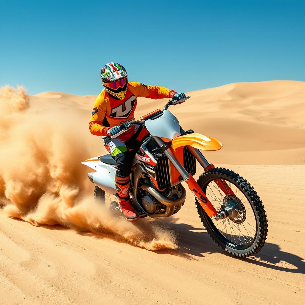 A motocross rider skillfully sliding through sand, creating a dynamic and exciting scene