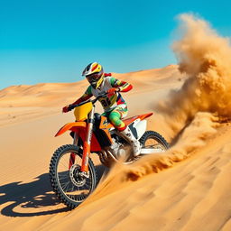 A motocross rider skillfully sliding through sand, creating a dynamic and exciting scene