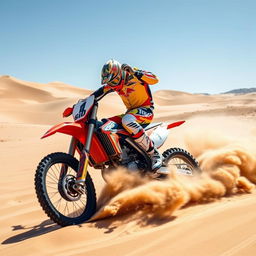 A motocross rider skillfully sliding through sand, creating a dynamic and exciting scene