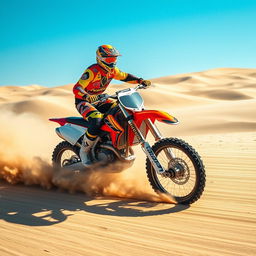 A motocross rider skillfully sliding through sand, creating a dynamic and exciting scene