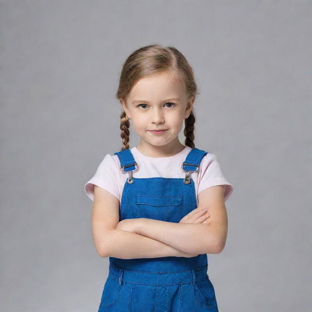 A charming little girl in modern attire confidently holding two wrenches in her hands