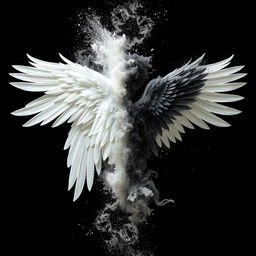 A dramatic scene depicting a white wing and a black wing disintegrating into ashes, set against a contrasting background that highlights the transition from solid form to ethereal dust