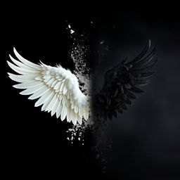 A dramatic scene depicting a white wing and a black wing disintegrating into ashes, set against a contrasting background that highlights the transition from solid form to ethereal dust