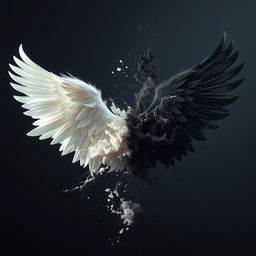 A dramatic scene depicting a white wing and a black wing disintegrating into ashes, set against a contrasting background that highlights the transition from solid form to ethereal dust